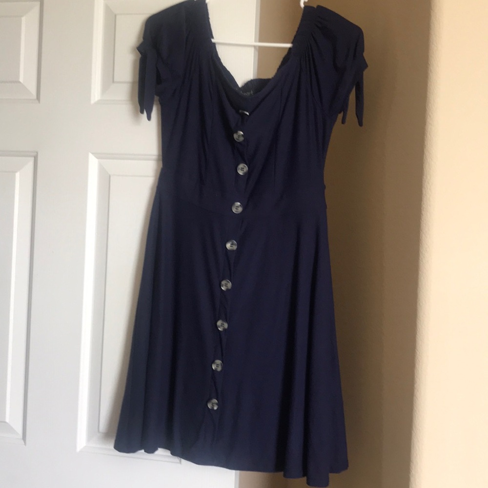 Large blue off shoulder soft button dress